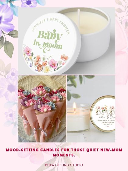 An inspiration board for a "Baby in Bloom" themed baby shower. I love putting together ideas for clients, like these mood-setting candles and floral-themed treats that are both beautiful and budget-friendly.