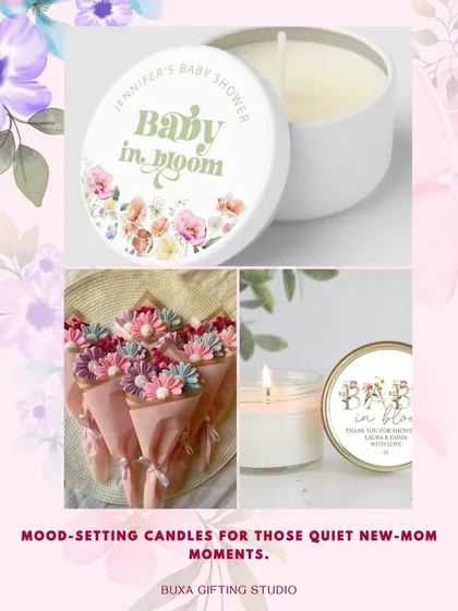 A mood board for a "Baby in Bloom" theme, showing how I pair items like custom-labeled candles and floral-themed treats.