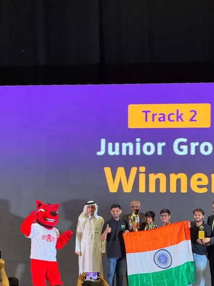 Team Tech Titans from Surat on the podium after winning 1st place in the junior group at the Codeavour International Championship. This is the second year in a row our teams have dominated this category.
