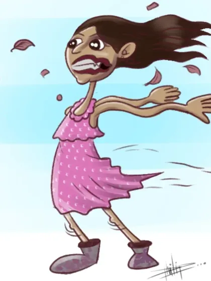 The final colored version of my "girl in a wind tunnel" cartoon, a fun personal project to explore movement and expression.