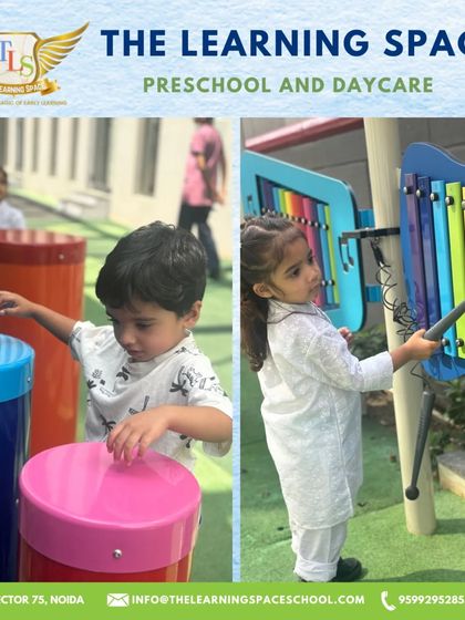A collage of children enjoying our outdoor music installations. From colorful drums to large xylophones, there are plenty of opportunities to experiment with sound and rhythm.