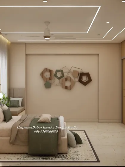 The wall opposite the bed features a unique wooden art installation, adding a rustic and artistic touch to the modern bedroom.