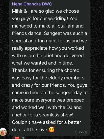 "Couldn't have asked for a better duo." This client had a clear vision on an excel sheet, and we loved bringing it to life, ensuring the choreography was easy for elders and crazy for friends.