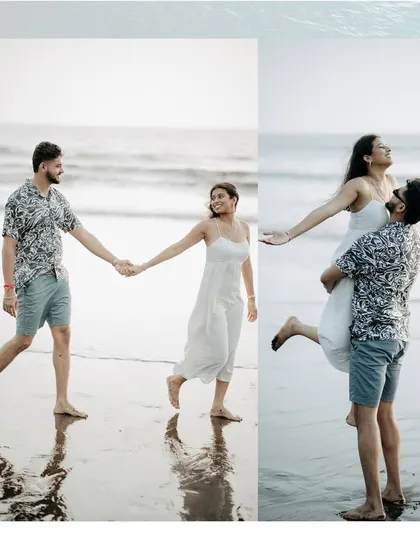This image pair shows both a happy walk holding hands and a joyful lift, showcasing the dynamic and fun moments of a pre-wedding shoot.