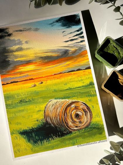 A closer look at my haystack landscape painting. I focused on capturing the texture of the hay and the dramatic, cloudy sunset with gouache.