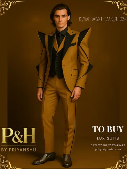 A full-length view of the gold and black shark suit, paired with textured loafers. This shot captures the complete, powerful silhouette and the confident stance it inspires.