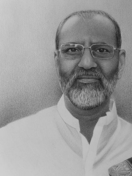 A close-up of the husband's portrait, showcasing the detailed work on his beard and glasses.