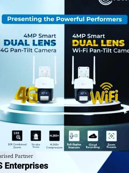 This graphic showcases Trueview's powerful dual-lens pan-tilt cameras, available in both 4G and Wi-Fi models. The dual-lens setup allows for enhanced zoom capabilities and wider coverage from a single device.
