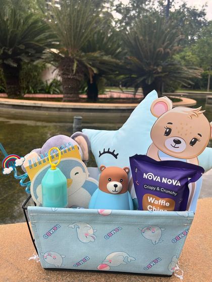 A soothing, pastel blue-themed hamper for a baby or young child, featuring a soft pillow and cute toys.