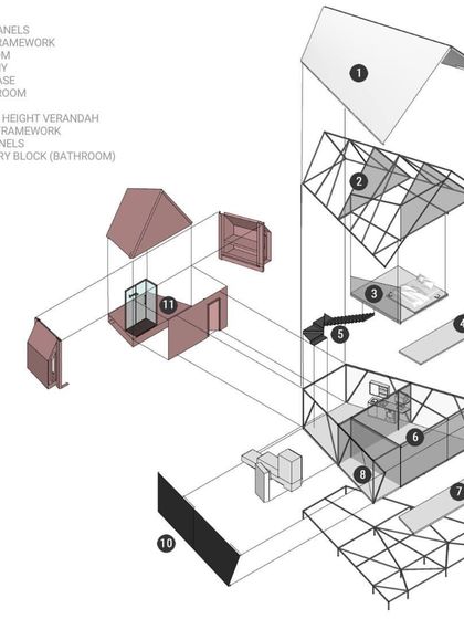 A complete exploded axonometric view of the "Parasite" micro-home, deconstructing the design into its core components, from the roof panels and framework down to the deck and foundation.