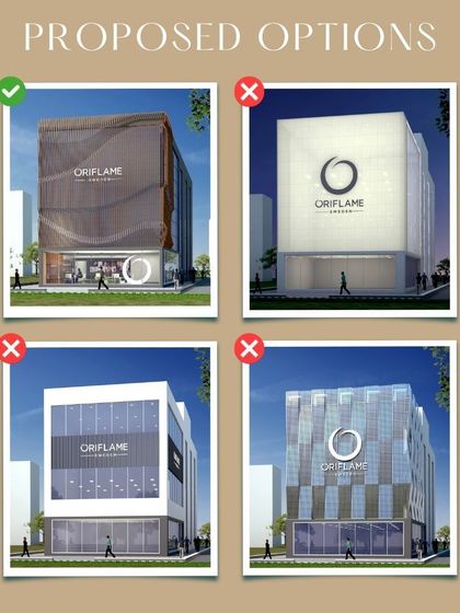 We presented several proposed design options for the Oriflame facade. This image shows the iterative process of collaboration with the client to arrive at the final, approved design.