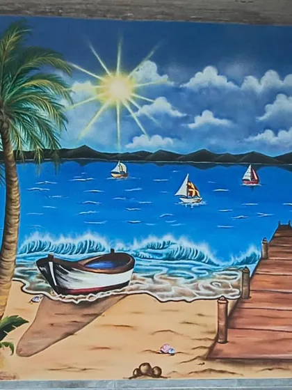 Another view of the completed Alibag villa beach mural.