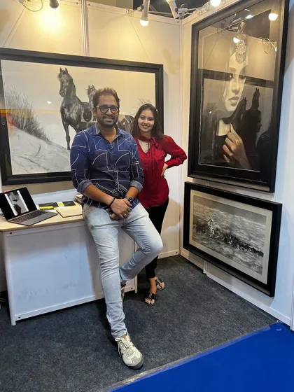 A snapshot from exhibition time. My booth is set up to create an immersive gallery experience, with large-scale pieces prominently displayed.
