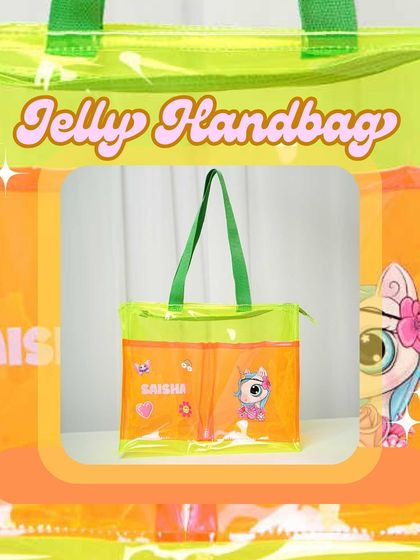A look at our jelly handbag in a bright yellow and orange combination. This bag is personalized with the name 'Saisha' and a cute pony patch, making it a delightful gift.