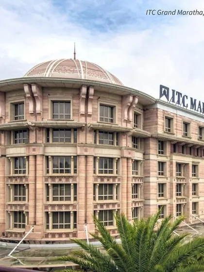 The grand exterior of the ITC Grand Maratha, Mumbai. Its architecture is inspired by Maratha dynasty palaces, offering a regal setting for a city wedding.