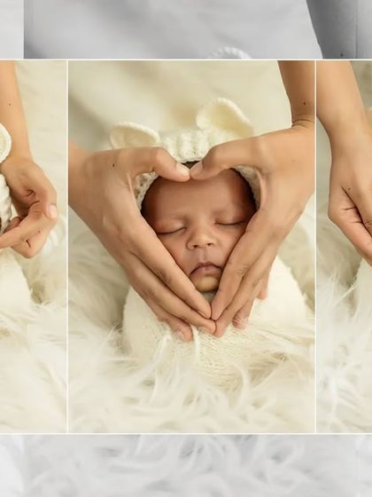 A collage showing how I gently pose a newborn with a cute bear hat, creating a heart shape with my hands to show all the love.