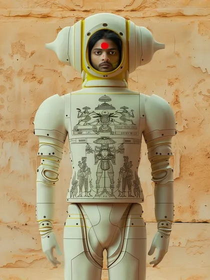 A 'Yuntriksh pilgrim' in a white ceremonial spacesuit with intricate carvings on the chest plate. This series imagines the spiritual and religious life of a space-faring Indian civilization.