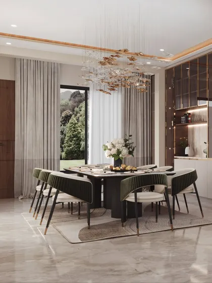 A modern dining room visualization featuring a large square table and a stunning, leaf-like chandelier. The render captures the view of the garden outside, connecting the dining experience to nature.