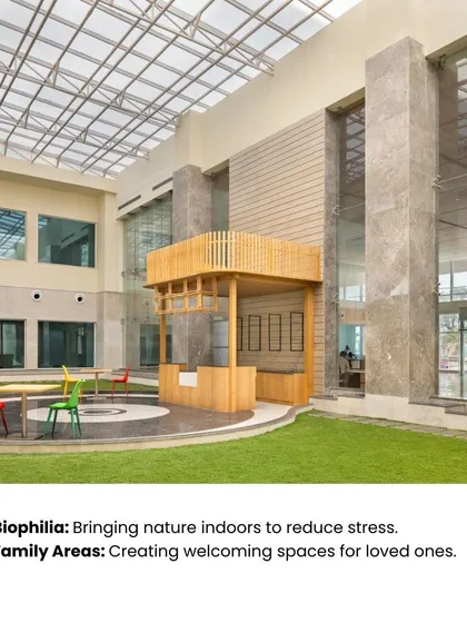 This image from Pragma Medical Institute demonstrates our use of biophilia to reduce stress. The indoor green space, visible from multiple levels, brings nature indoors and creates a welcoming environment for loved ones to gather.