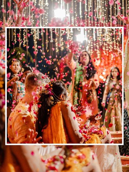 A beautiful action shot of the flower shower, with our hanging floral decor creating a stunning backdrop.