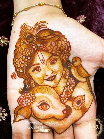 Hare Krishna. A sweet and endearing portrait of Krishna with a calf, a design that radiates pure love and innocence.