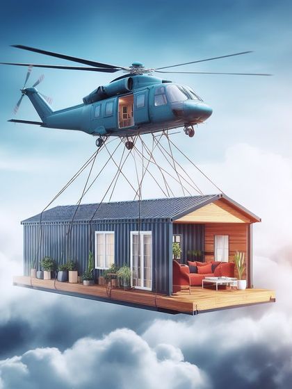 An AI concept of a container home with a wooden deck being delivered through the clouds.