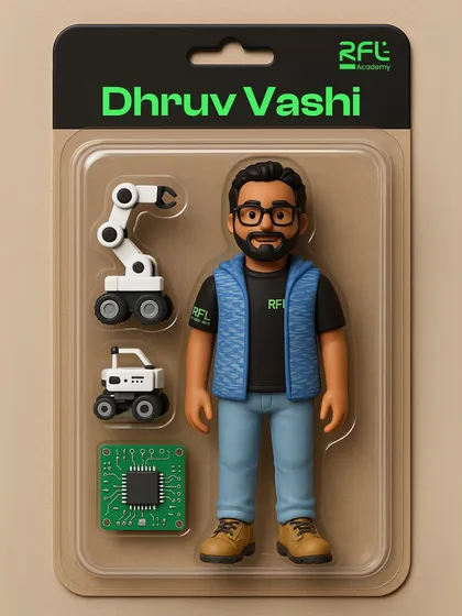 This action figure represents Dhruv Vashi, a core member of our mentorship team who guides students through complex robotics and coding challenges.