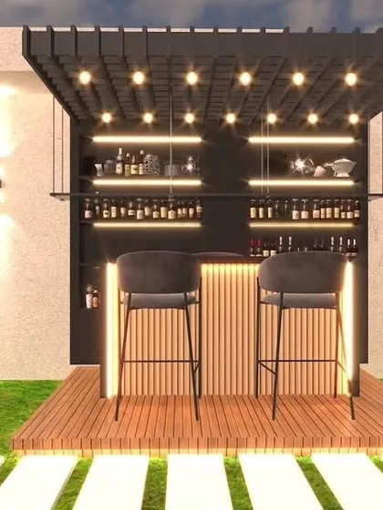 A 3D render of a compact and stylish bar unit on a raised wooden deck, complete with shelving and under-counter lighting.