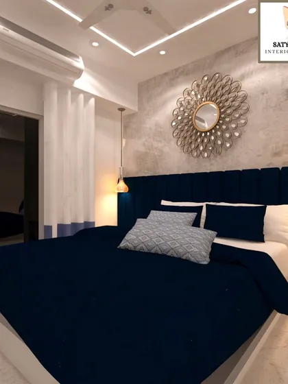 A 3D render of a luxurious bedroom with a deep blue velvet headboard and a decorative mirror.