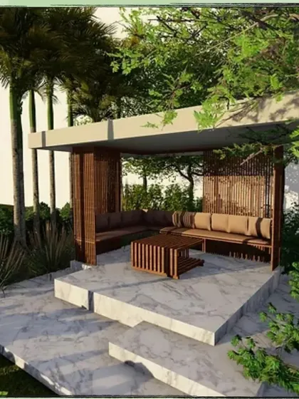Here is a design concept for a contemporary garden gazebo. Set on a raised marble-finish platform, this structure acts as a destination within the landscape, offering a sheltered and elegant spot for conversation and relaxation.
