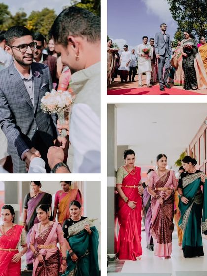 A collage of moments from a ring ceremony, showing the groom's arrival and the bride walking with her bridesmaids.