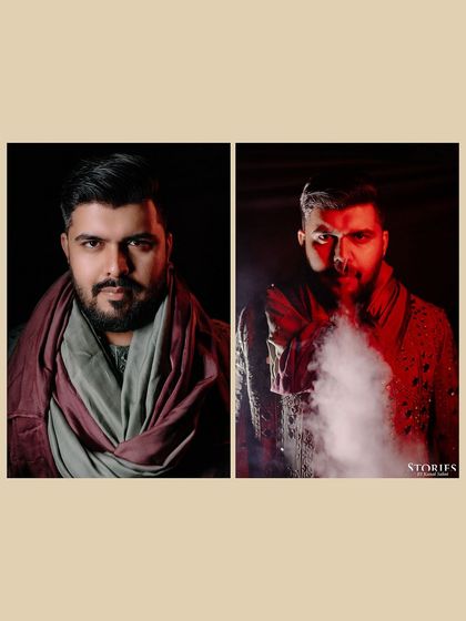 A two-panel portrait of the groom, Sannidhya, one a classic look and the other an artistic shot with smoke, showing his versatile style.