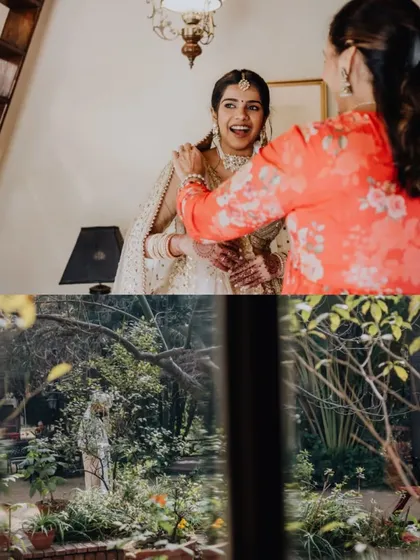 A collage showing the bride getting ready with her family and a glimpse of the beautiful garden venue.