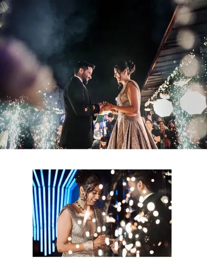 A collage from a Sangeet night, capturing the moment the couple exchanges rings amidst a shower of sparklers.