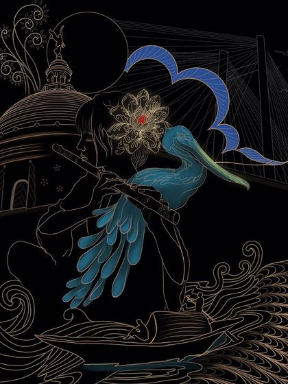 Another variation of the 'Sonar Tori' illustration, this time with a flowing blue ribbon that adds a touch of color and movement to the composition.