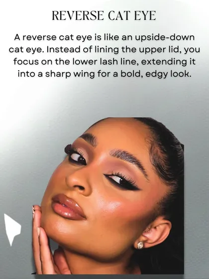 A reverse cat eye is exactly what it sounds like. Instead of lining the upper lid, you focus the wing on the lower lash line for a bold, edgy, and modern look.