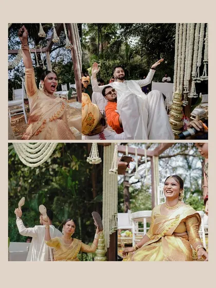 Fun and games during the wedding ceremony. This collage captures the couple playfully competing in a traditional wedding game, showing their fun-loving personalities.