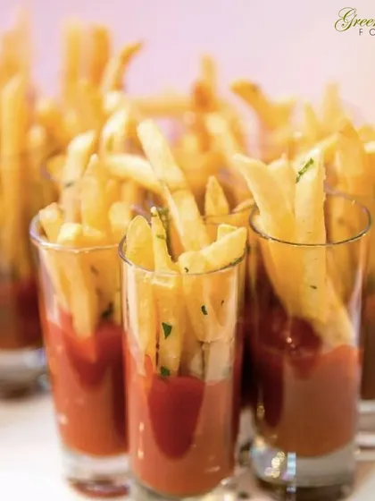 A kid-friendly favorite with a fun presentation. These French fry shots with ketchup at the bottom are a huge hit at birthday parties, making them easy and fun for our youngest guests to eat.