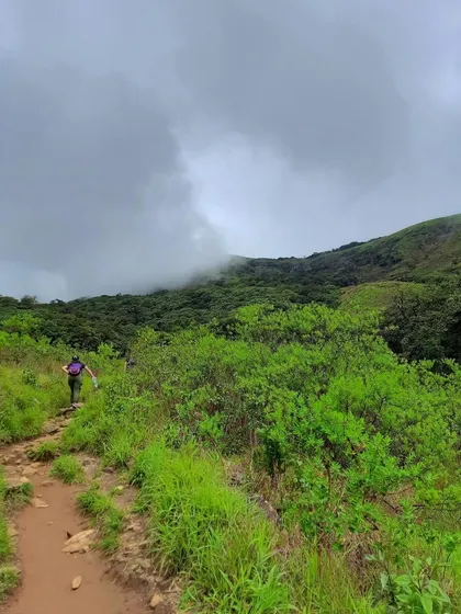 A lone trekker on the path to Kudremukha peak, with the monsoon clouds rolling in. The scale of the landscape is truly humbling.