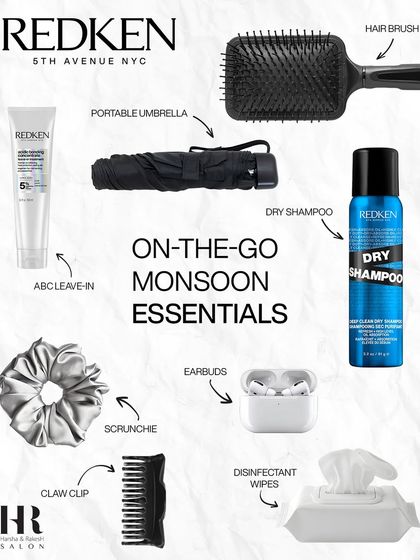 My recommended on-the-go monsoon essentials, featuring Redken's dry shampoo and leave-in conditioner to fight frizz and refresh your style.