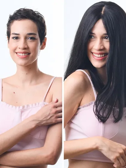 This transformation is incredibly special to me. For clients experiencing significant hair loss, a high-quality wig can be life-changing. This shows the journey from a short pixie cut to long, flowing, natural-looking hair, restoring not just length but also a feeling of wholeness.