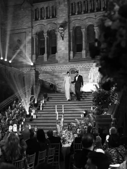 A grand entrance for Julia and Aditya at their London reception. Capturing the scale and elegance of your celebration is key to telling the complete story of your day.
