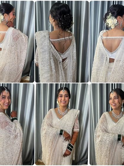 A collage showing various angles of this beautiful and graceful white saree look.