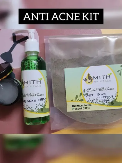 My complete Anti-Acne Kit, which includes the face wash, gel, and face pack. I created this set to work together to gently control oil, clear up breakouts, and soothe troubled skin without any harsh chemicals.
