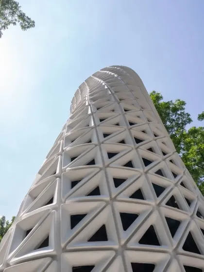 The sun illuminates the top of the VERTO tower, highlighting the complex geometry derived from our computational design process.