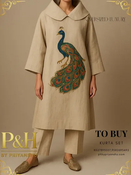 A three-quarter view of the beige linen kurta set, highlighting the dramatic oversized collar and the beautiful drape of the linen fabric.