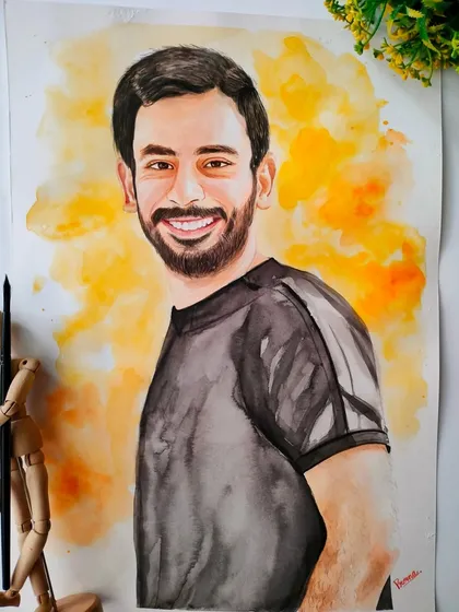 The full custom watercolor portrait, showcasing a happy and relaxed subject. The yellow and orange background adds a burst of positive energy.