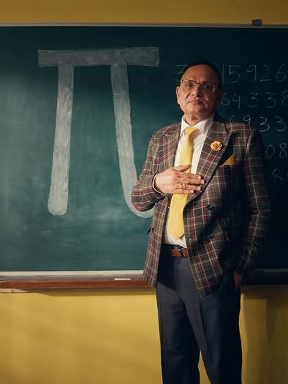 The classic professor look for RD Sharma, featuring a distinguished plaid blazer, yellow tie, and a confident stance in front of the blackboard.