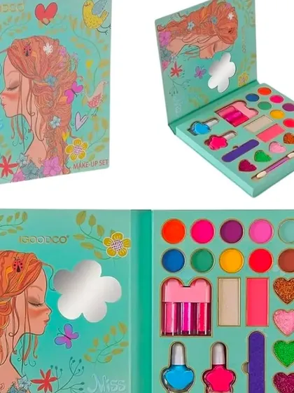 This book style makeup kit is a wonderful gift for kids who love to play dress up. It includes a variety of non toxic eyeshadows, nail polish, and applicators in a beautifully designed case.