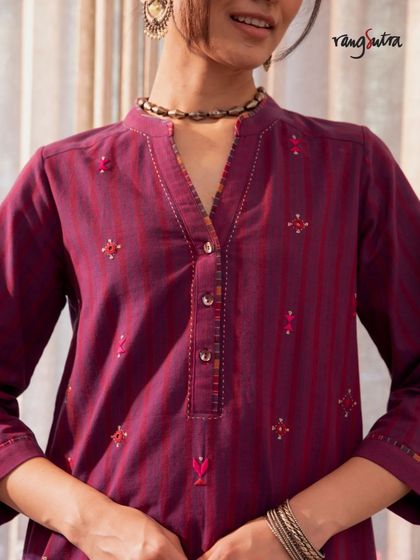 A close-up of our Haveli Soof-embroidered kurta. The intricate embroidery and rich colors make it a timeless piece for your festive wardrobe.